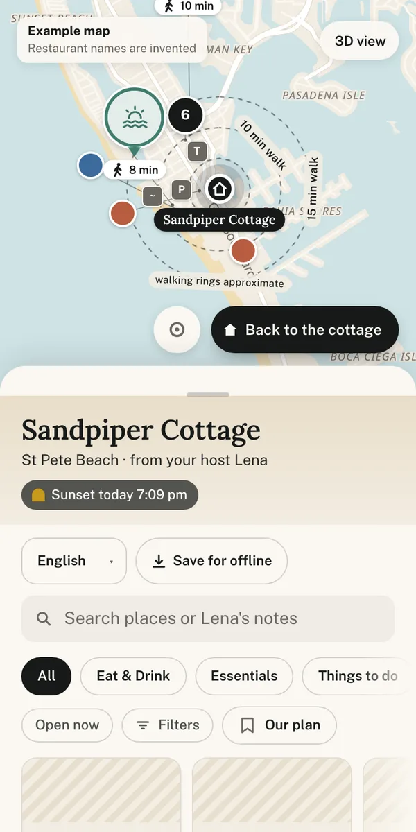 Example guest map on a phone: the sample cottage with its places as pins, walking rings and the list under the map