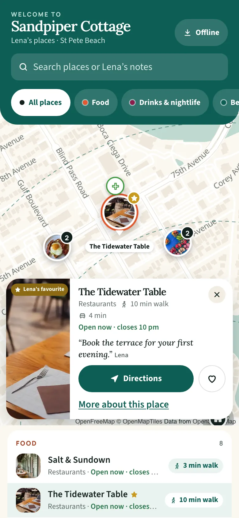 A picture of the sample guest map for Sandpiper Cottage on a phone. The Tidewater Table is selected on the map and its card is open: 10 min walk, Open now · closes 10 pm, the host's note “Book the terrace for your first evening.”, and a Directions button. The walking rings show round the house.