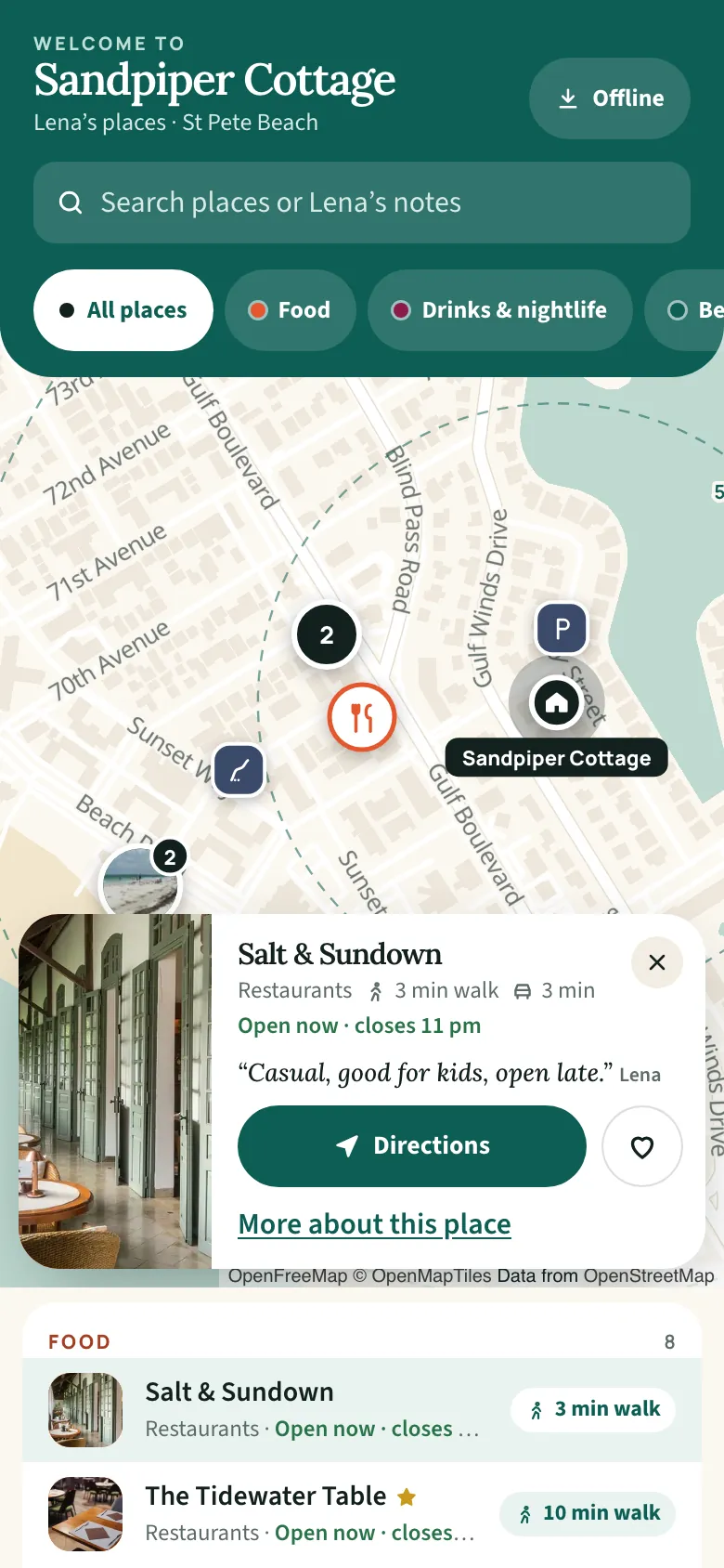A picture of the sample guest map for Sandpiper Cottage on a phone. Salt & Sundown is selected and its card is open: 3 min walk, Open now · closes 11 pm, and the Directions button.
