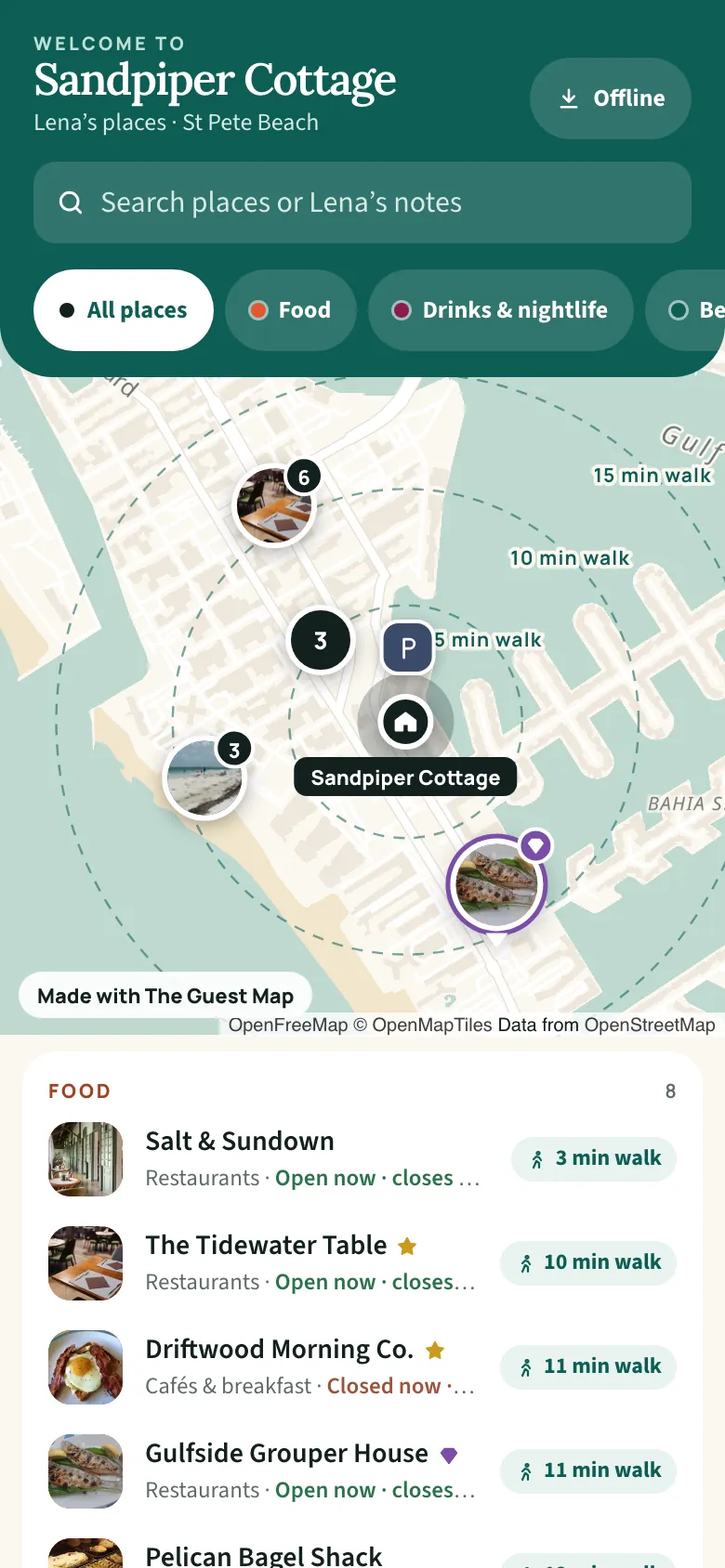 A picture of the sample guest map for Sandpiper Cottage on a phone: the whole map with its pins, the walking rings and the home pin, and under it the list of its 31 places.